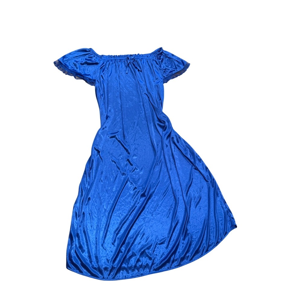 Vintage Royal Blue Satin Nightgown Off Shoulder Lace Trim Flutter Sleeve